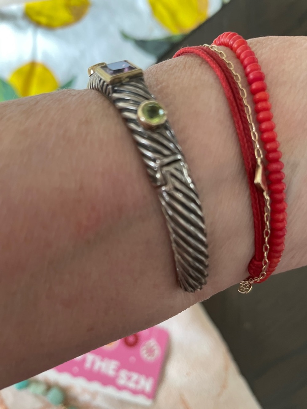 Sterling silver cuff with gemstones bezel set in 14k gold. - Picture 2 of 10
